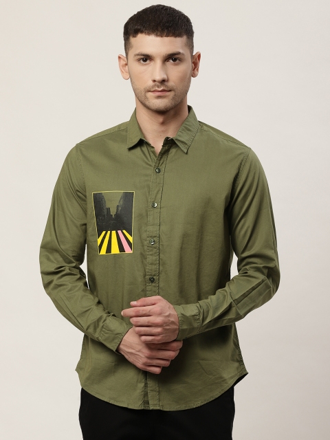 

United Colors of Benetton Men Olive Green Slim Fit Printed Casual Shirt
