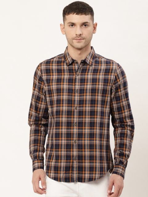 

United Colors of Benetton Men Navy Blue & Mustard Yellow Slim Fit Checked Casual Shirt