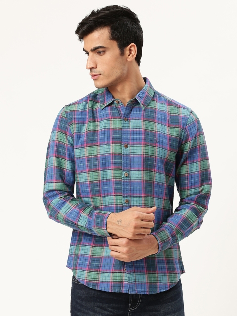 

United Colors of Benetton Men Blue & Green Slim Fit Linen Checked Casual Shirt