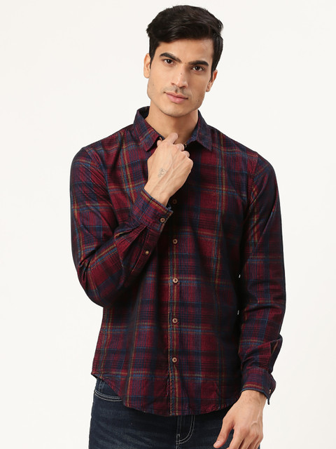 

United Colors of Benetton Men Maroon & Navy Blue Slim Fit Corduroy Checked Casual Shirt