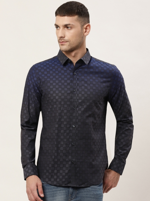 

United Colors of Benetton Men Black & Navy Blue Slim Fit Dyed Checked Casual Shirt