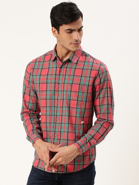 

United Colors of Benetton Men Coral Pink & Green Slim Fit Checked Twill Weave Casual Shirt