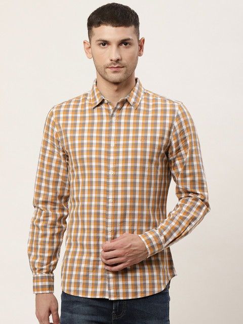 

United Colors of Benetton Men Coral Orange & Grey Slim Fit Checked Casual Shirt