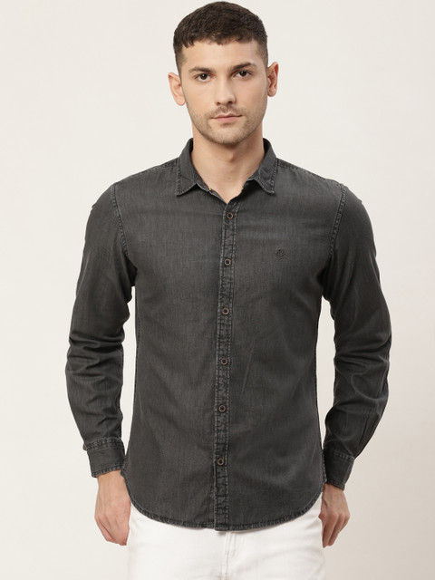 

United Colors of Benetton Men Charcoal Grey Slim Fit Solid Casual Denim Shirt