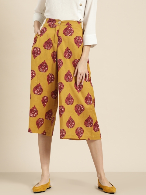

Shae by SASSAFRAS Women Mustard Yellow & Maroon Regular Fit Printed Culottes