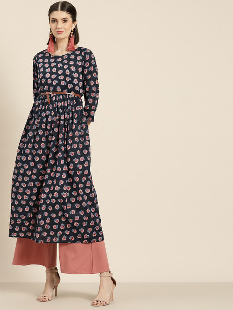 

Shae by SASSAFRAS Women Navy Blue & Pink Floral Print A-Line Kurta