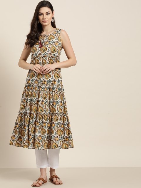 

Shae by SASSAFRAS Women White & Yellow Printed Tiered A-Line Kurta