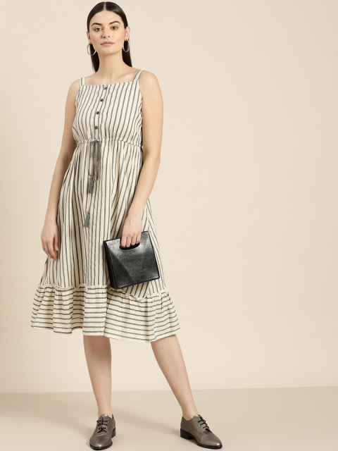 

Shae by SASSAFRAS Women Off-White & Charcoal Grey Striped A-Line Dress