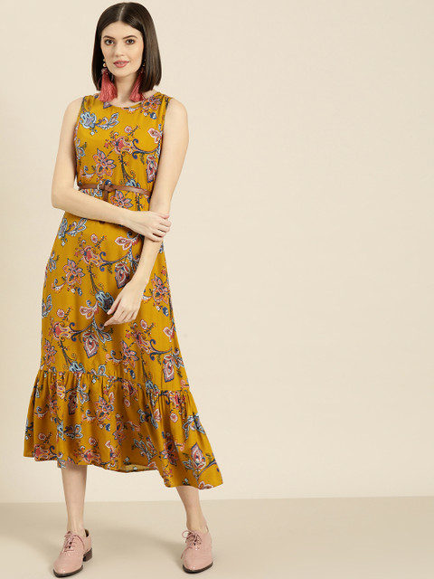 

Shae by SASSAFRAS Women Mustard Yellow & Blue Printed A-Line Dress
