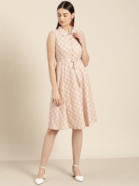 

Shae by SASSAFRAS Women Peach-Coloured & White Printed Shirt Dress