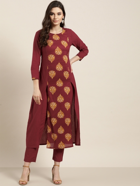 

Shae by SASSAFRAS Women Maroon & Beige Printed Kurta with Trousers