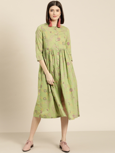 

Shae by SASSAFRAS Women Green & Pink Printed A-Line Dress