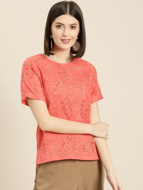 

Shae by SASSAFRAS Women Coral Pink & Beige Printed High-Low Top