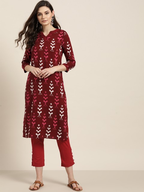 

Shae by SASSAFRAS Women Maroon & White Ikat Print Kurta with Trousers