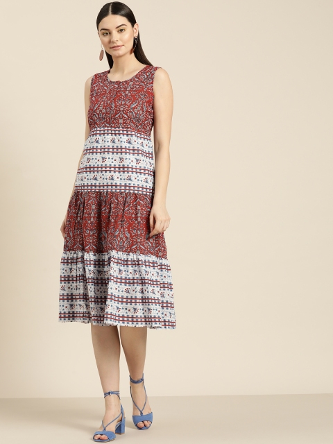 

Shae by SASSAFRAS Women Red & Blue Printed A-Line Tiered Dress