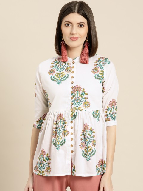 

Shae by SASSAFRAS Women White & Green Printed A-Line Pure Cotton Top