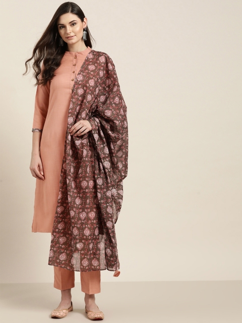 

Shae by SASSAFRAS Women Peach-Coloured Solid Kurta with Trousers & Dupatta