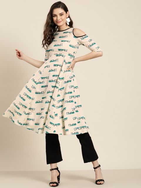 

Shae by SASSAFRAS Women Off-White & Teal Green Printed Cold-Shoulder Anarkali Kurta