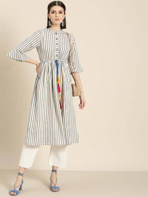 

Shae by SASSAFRAS Women Off-White & Blue Striped A-Line Kurta