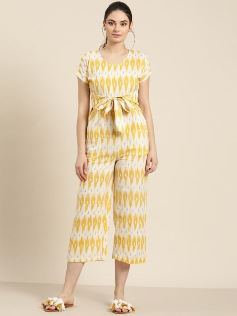 

Shae by SASSAFRAS Women Off-White & Mustard Yellow Ikat Print Basic Cropped Jumpsuit
