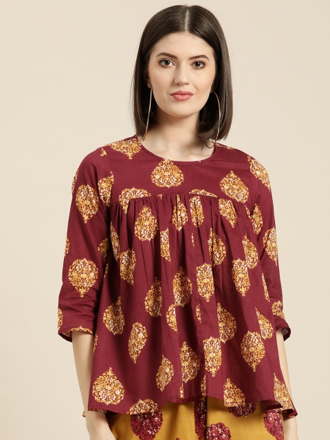 

Shae by SASSAFRAS Women Maroon & Mustard Yellow Printed A-Line Pure Cotton Top