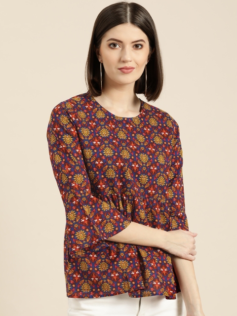 

Shae by SASSAFRAS Women Blue & Mustard Yellow Block Printed A-Line Pure Cotton Top
