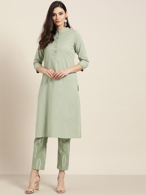

Shae by SASSAFRAS Women Green & White Striped Kurta with Trousers
