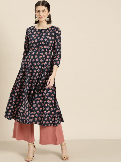 

Shae by SASSAFRAS Women Navy Blue & Pink Printed Anarkali Kurta