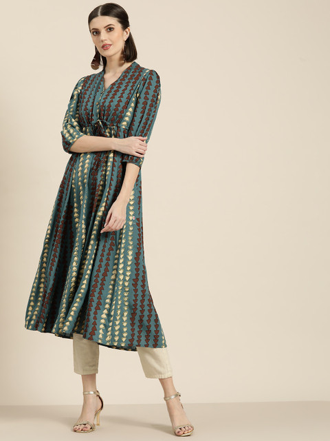 

Shae by SASSAFRAS Women Teal Blue & Brown Printed Empire Kurta