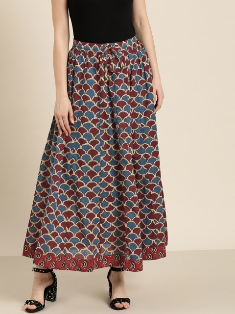 

Shae by SASSAFRAS Women Blue & Maroon Geometric Printed A-Line Maxi Skirt