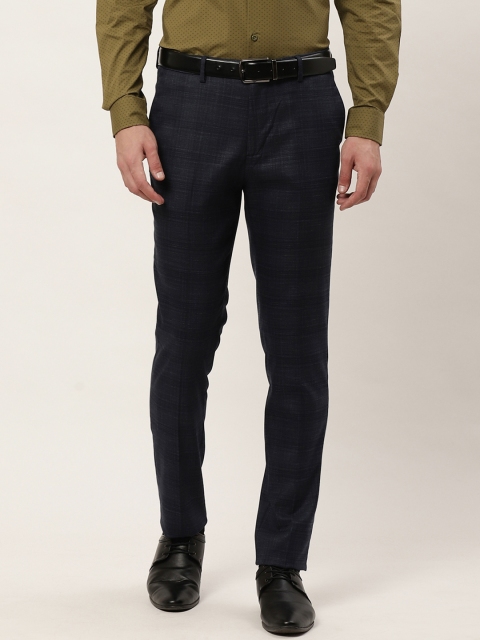 

United Colors of Benetton Men Navy Blue Tailored Slim Fit Checked Formal Trousers