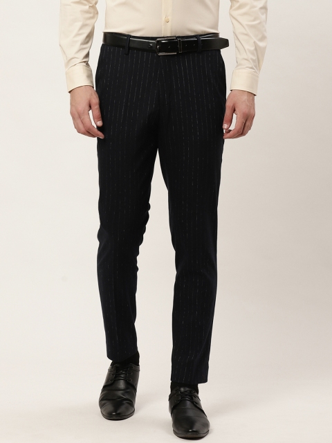 

United Colors of Benetton Men Navy Blue Cropped Fit Striped Formal Trousers