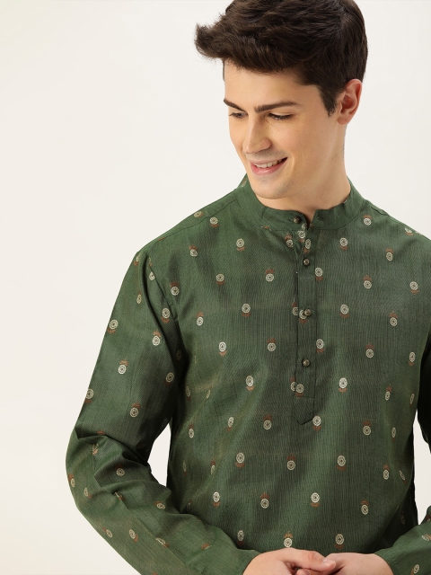 

House of Pataudi Men Olive Green & White Embroidered Straight Kurta