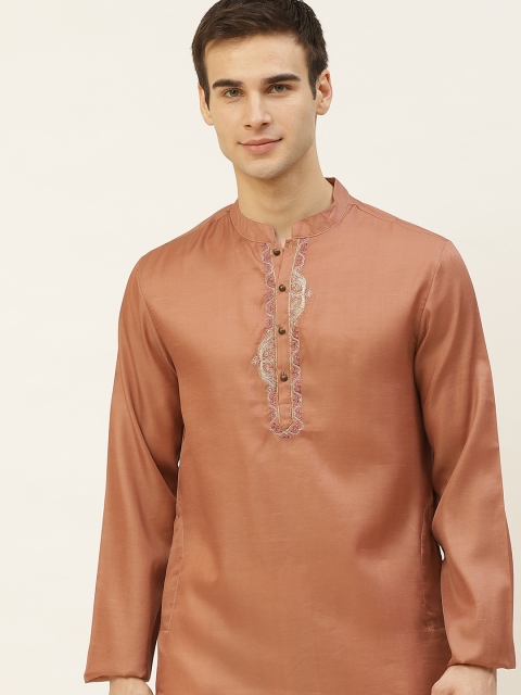 

House of Pataudi Men Rust Brown Solid Embroidered Kurta