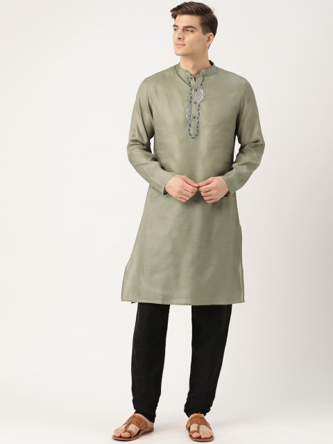 Men Olive Green Embroidered Yoke Design Straight Kurta