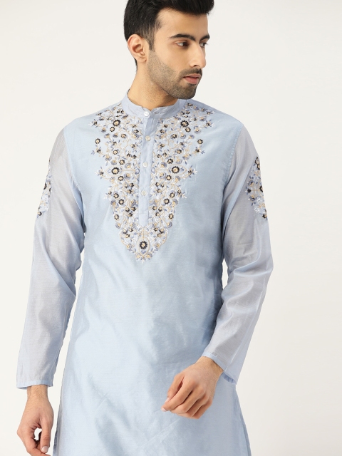 

House of Pataudi Men Blue Yoke Design Straight Kurta