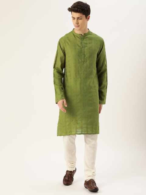 

House of Pataudi Men Green Woven Design Straight Kurta