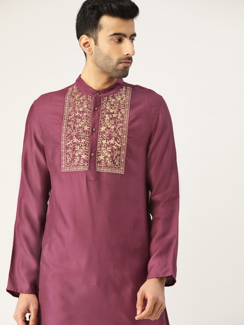 

House of Pataudi Men Purple & Golden Yoke Design Straight Kurta