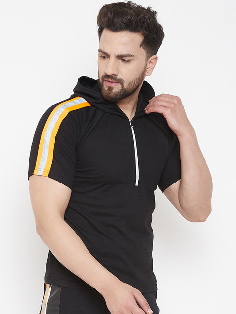 

FUGAZEE Men Black & Orange Solid Hood T-shirt