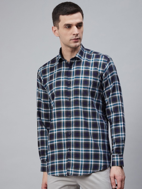 

Shaftesbury London Men Navy & Off-White Oxford Weave Checked Eco-Friendly Casual Shirt, Navy blue