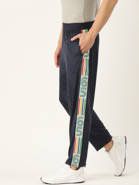 

United Colors of Benetton Men Navy Blue Solid Velvet Finish Track Pants with Side Taping