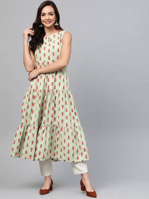 

SIAH Women Sea Green & Red Printed Tiered A-Line Kurta