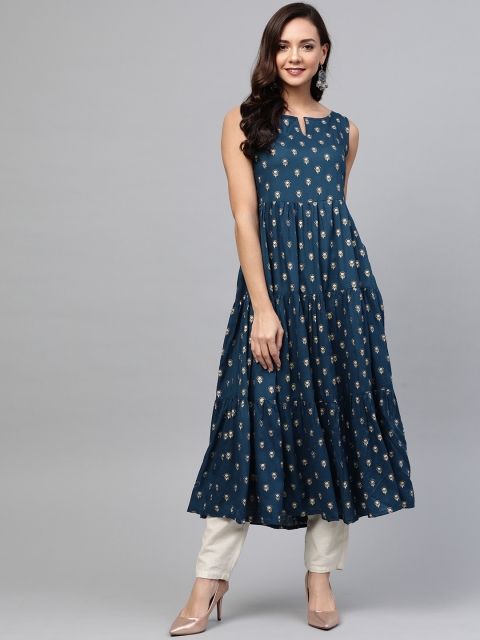 

SIAH Women Navy Blue & Golden Printed Tiered A-Line Kurta