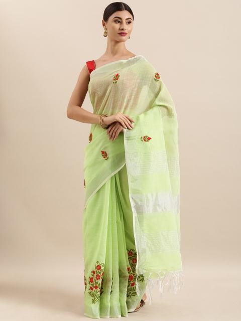 

KALINI Green & Red Linen Blend Embroidered Saree