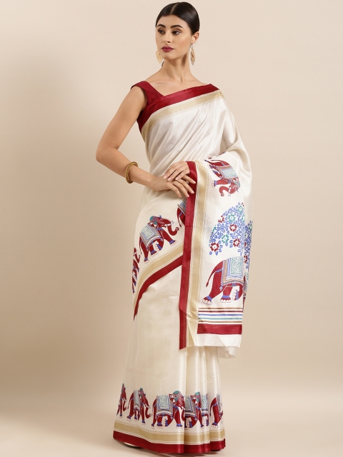 

KALINI Off-White & Maroon Art Silk Kalamkari Printed Khadi Saree
