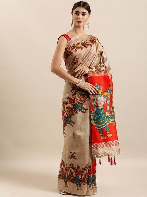 

KALINI Beige & Rust Red Art Silk Printed Kalamkari Khadi Saree
