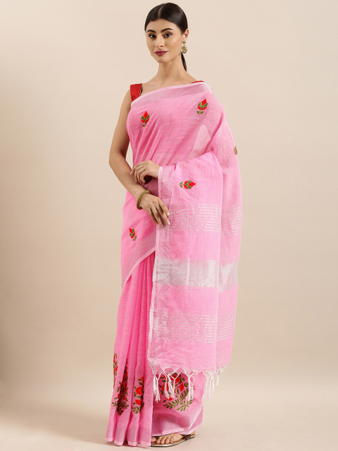 

KALINI Pink & Red Linen Blend Embroidered Saree