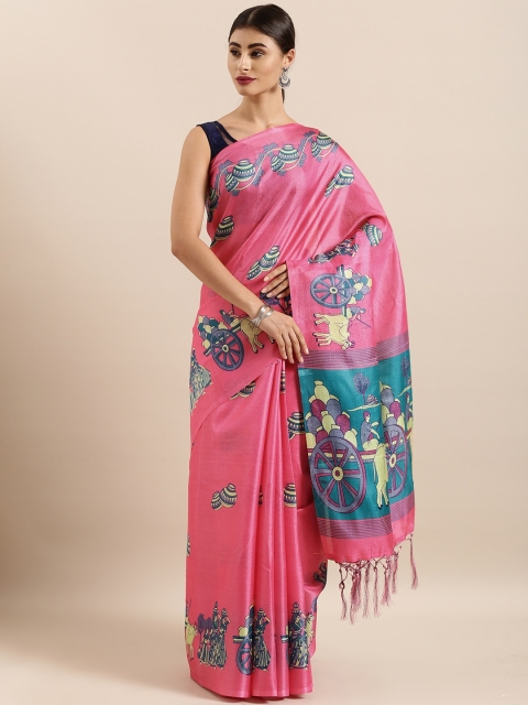 

KALINI Pink & Teal Green Cotton Blend Printed Khadi Saree