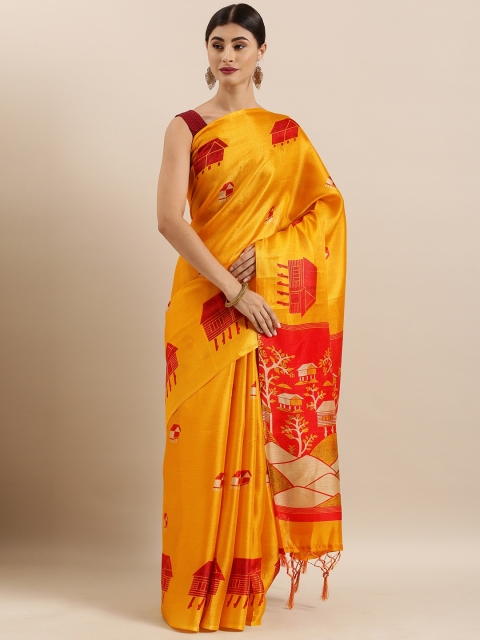 

KALINI Mustard Yellow & Red Art Silk Printed Khadi Saree