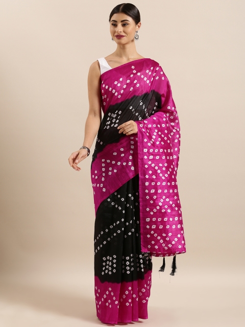 

KALINI Black & Pink Cotton Blend Printed Khadi Blend Saree